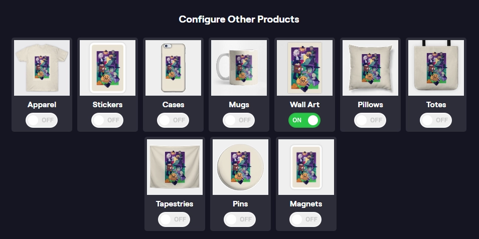 Screenshot of TeePublic's UI showing all product types disabled except for Wall Art